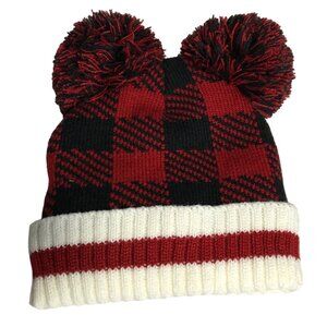 Buffalo Plaid Kids Hat Double Pom Pom Winter Knit Beanie Fleece Sock Monkey